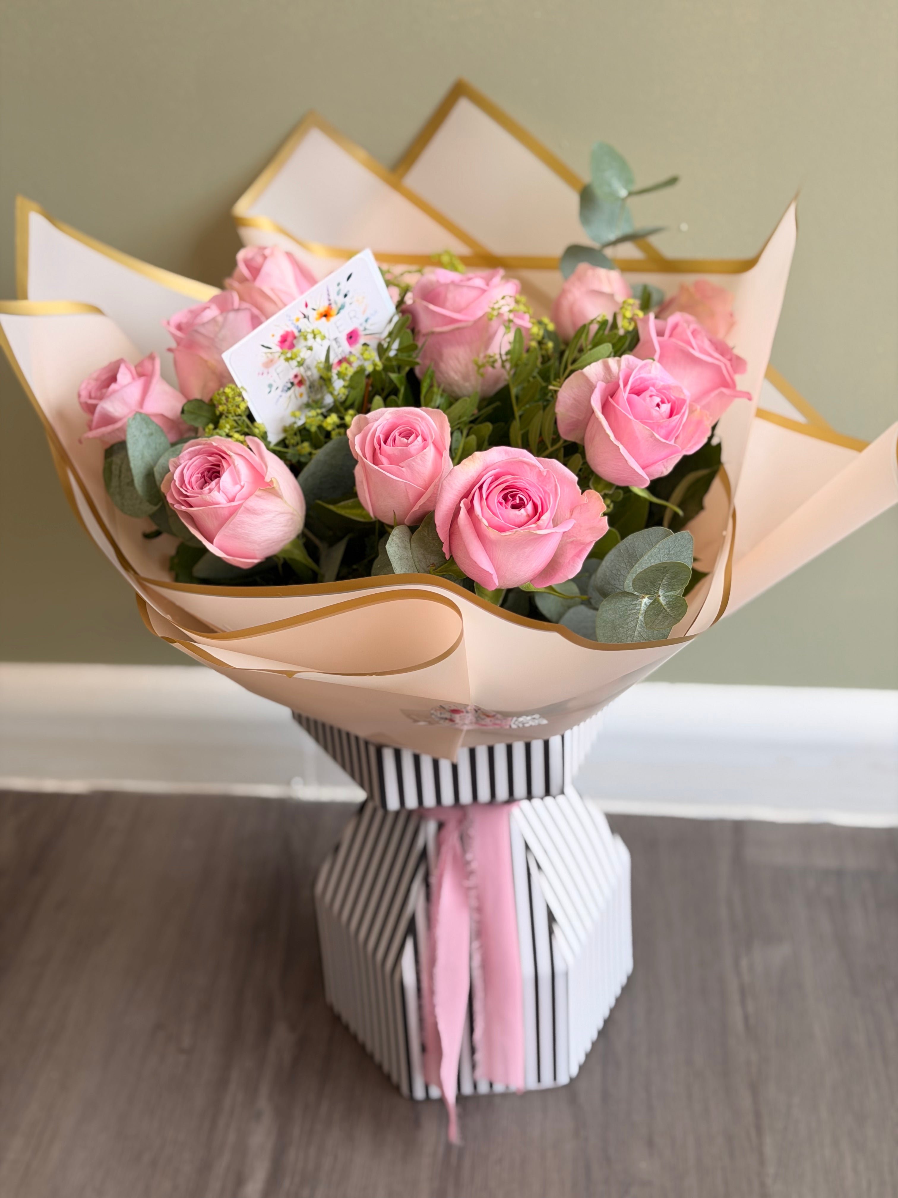 12 Pink Rose Hand Tied